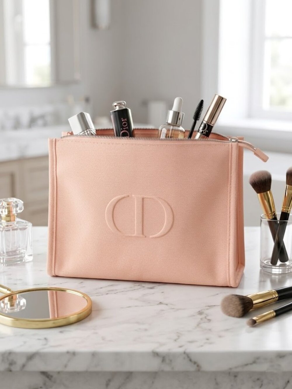 Dior CD Logo Makeup Toiletry Cosmetic Pink Top Zip Closure Bag Case